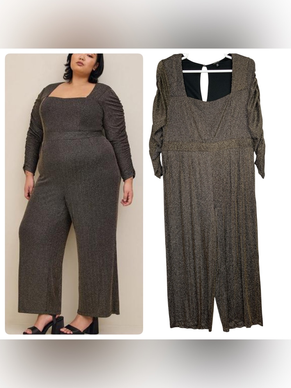 Torrid Sz 18 Black Gold Glitter Knit Sweetheart Neck Wide Leg Jumpsuit Disco